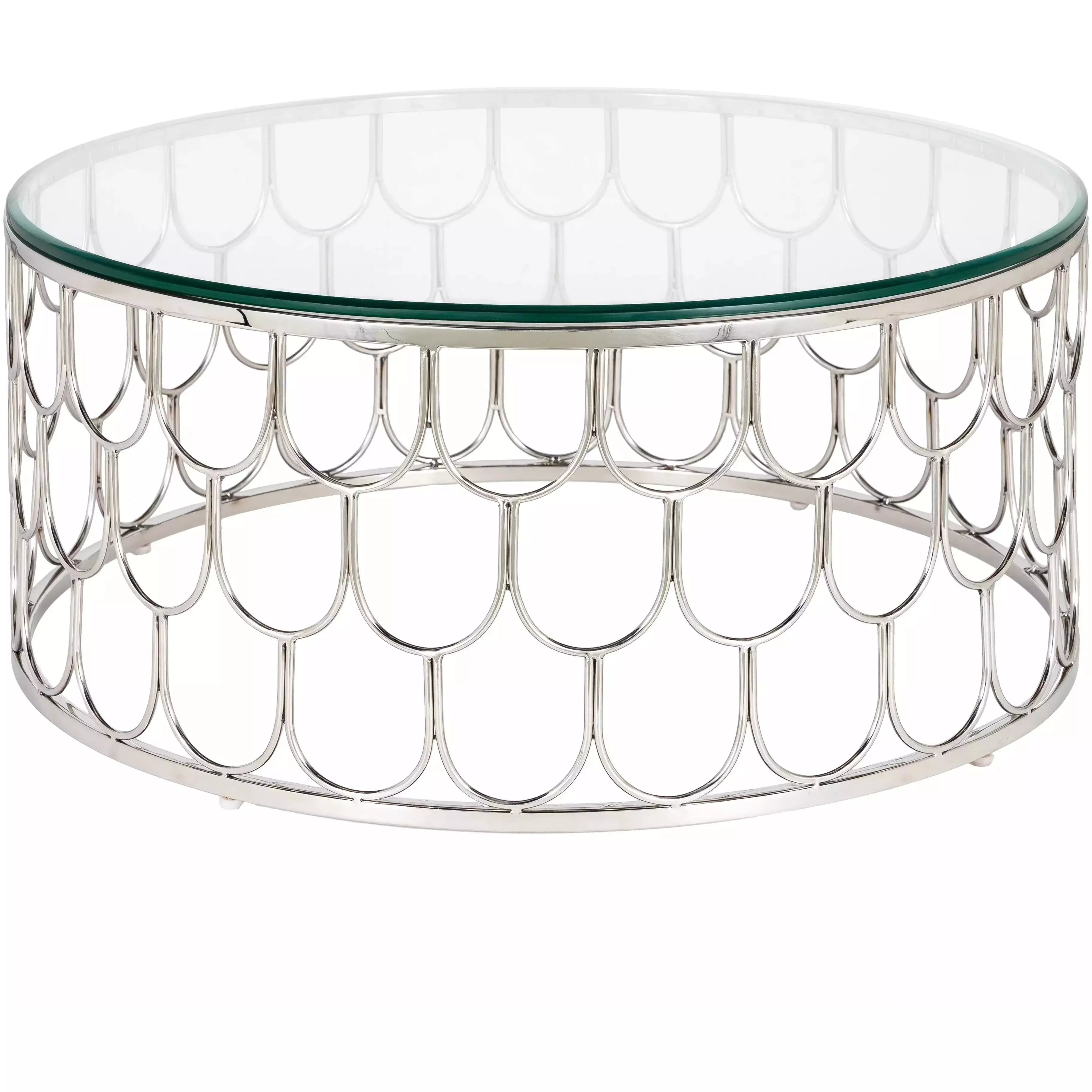 Surya Cage Modern Glass Top With Metallic Silver Stainless Steel Base Round Coffee Table GEA-002 - Image 1