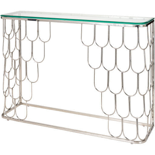 Surya Cage Modern Glass Top With Silver Stainless Steel Base Console Table GEA-003 - Image 1