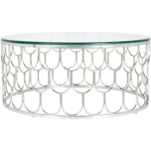 Surya Cage Modern Glass Top With Metallic Silver Stainless Steel Base Round Coffee Table GEA-002 - Image 2