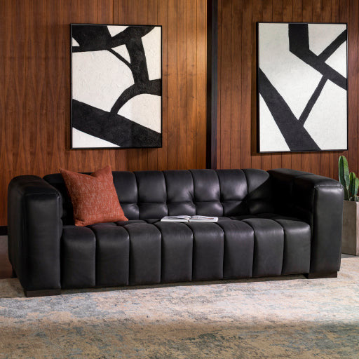 Surya Grenoble Modern Channeled Black Leather Sofa - Image 3