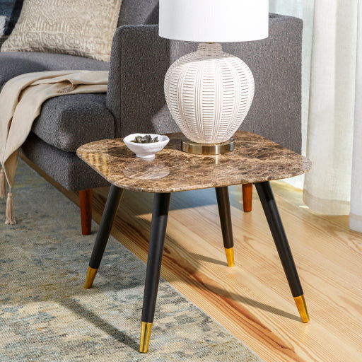 Surya Grandeur Modern Brown Marble Top With Black Wood Base & Brass Feet Accent Side Table GUR-004 - Image 1