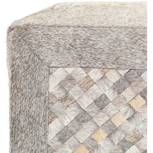 Surya Houston Modern Rustic Hair On Hide Gray, Charcoal & Taupe Patchwork Ottoman HOPF-001 - Image 3