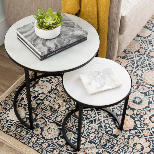 Surya Hearthstone Modern Marble Top With Black Metal Base Set of 2 Nesting Accent Side Tables HTS-001 - Image 1
