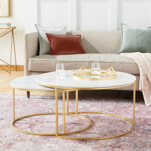 Surya Hearthstone Modern White Marble Top With Gold Base Round Nesting Coffee Tables HTS-006 - Image 1