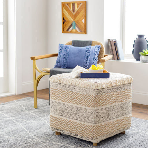 Surya Isaiah Modern Boho Cream, Tan & Charcoal Jute Pouf Ottoman IIH-001 - Image 1