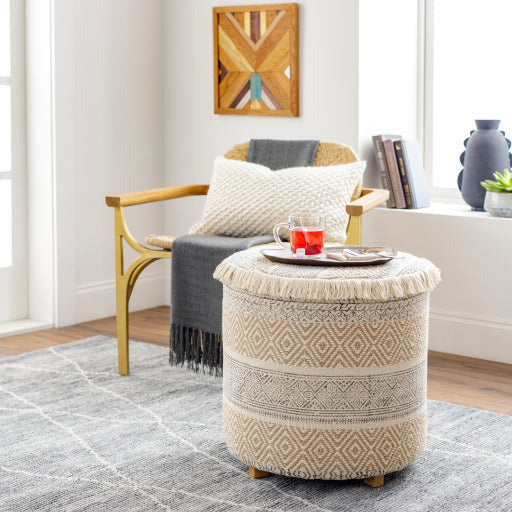 Surya Isaiah Modern Boho Cream, Tan & Charcoal Jute Pouf Ottoman IIH-002