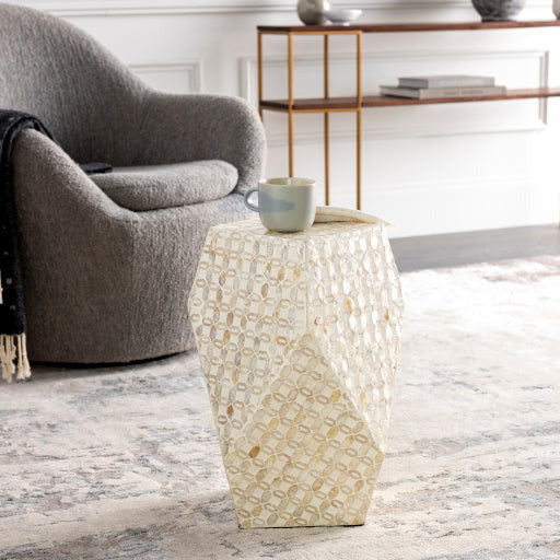 Surya Iridescent Modern Ivory & Beige Shell and Wood Accent Side Table ISC-005 - Image 1