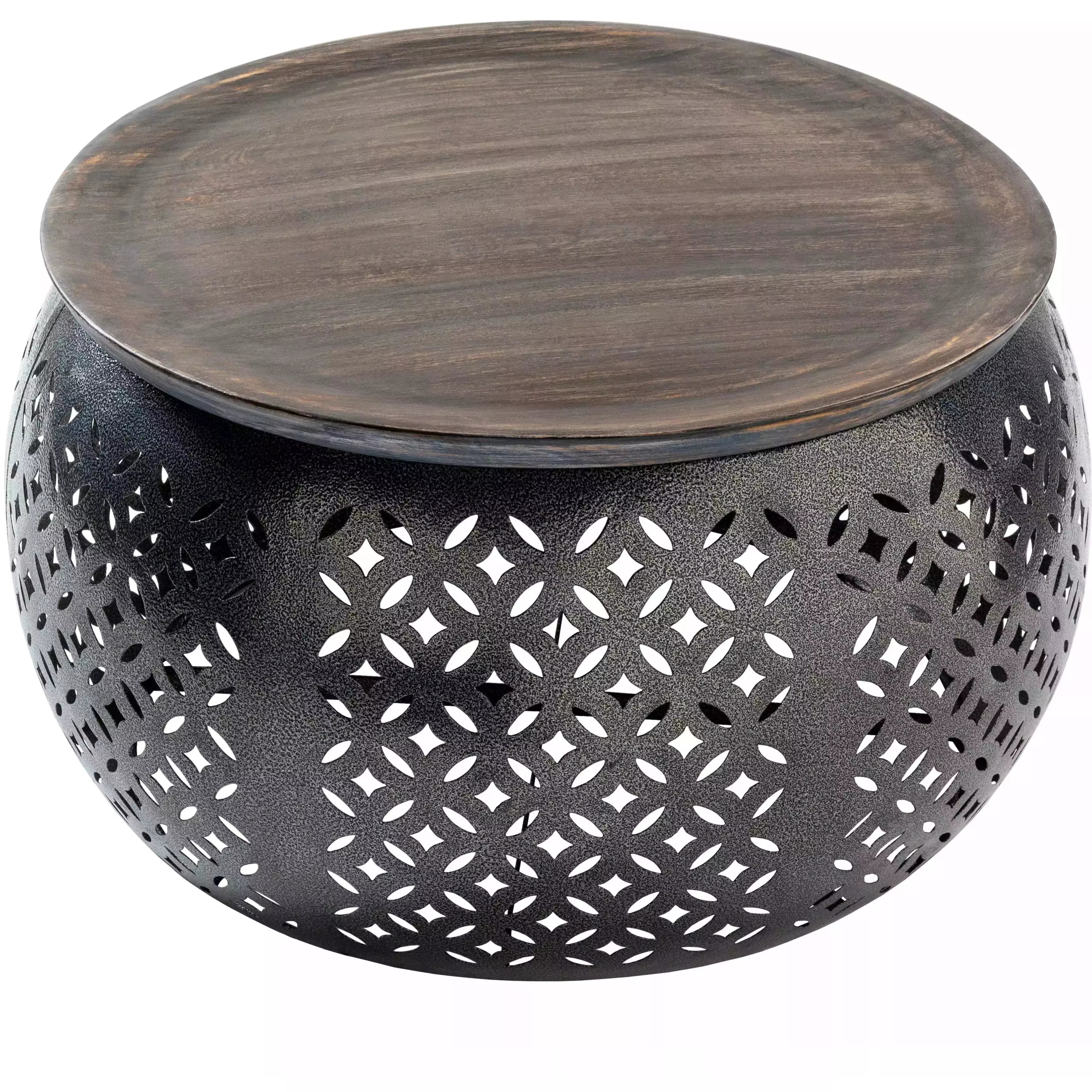 Surya Jaali Modern Dark Brown Wood Top With Charcoal Metal Base Round Coffee Table JLI-003 - Image 2