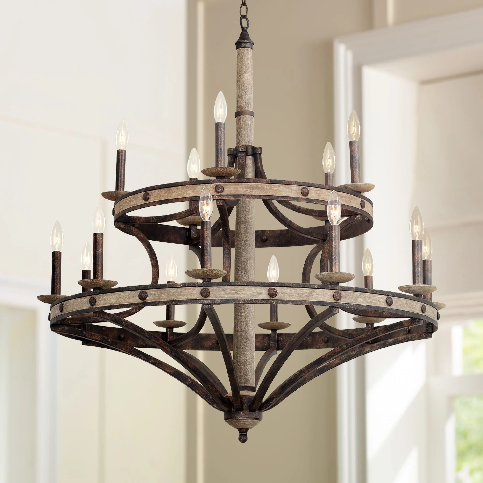 Coronado 38" Wide Wrought Iron Wagon Wheel Chandelier - Image 1
