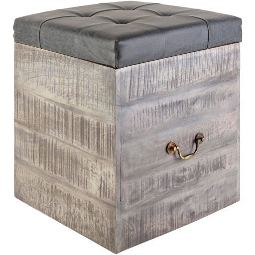 Surya Kassi Modern Rustic Faux Charcoal Gray Tufted Leather & Wood Storage Ottoman KSS-002 - Image 2