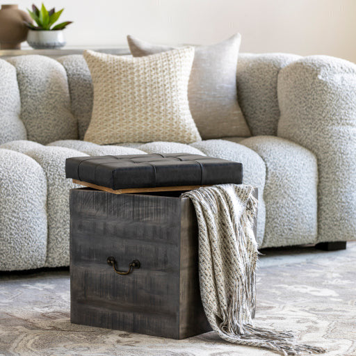 Surya Kassi Modern Rustic Faux Charcoal Gray Tufted Leather & Wood Storage Ottoman KSS-002 - Image 1
