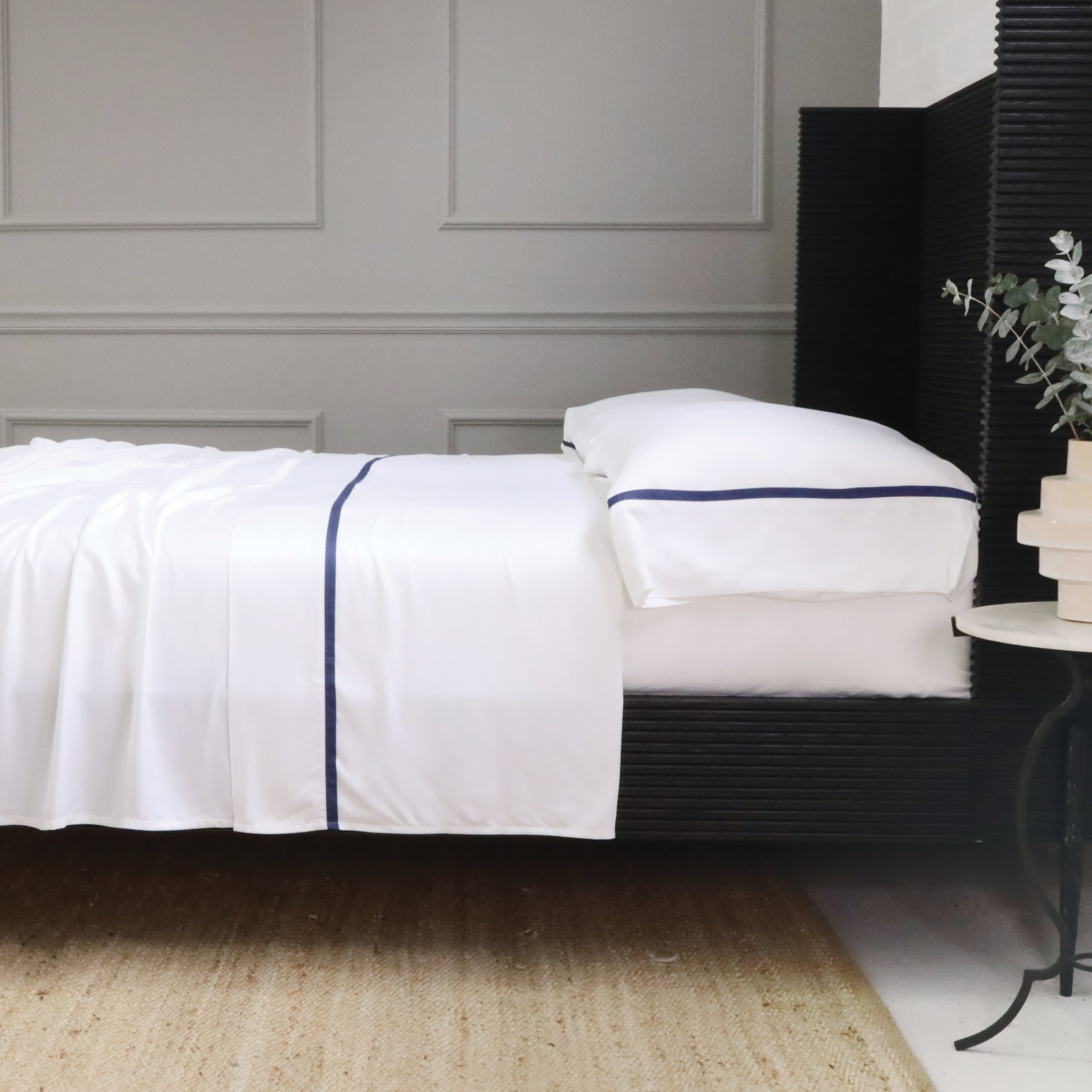 Pom Pom at Home Langston Bamboo Sateen Sheet Set ~ Navy Flange ~ Available in Twin, Queen and King Sizes - Image 1