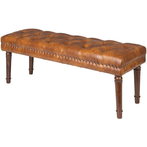 Surya Lancaster Modern Rustic Cognac Faux Leather Tufted Bench With Brown Wood Base LCT-001 - Image 1