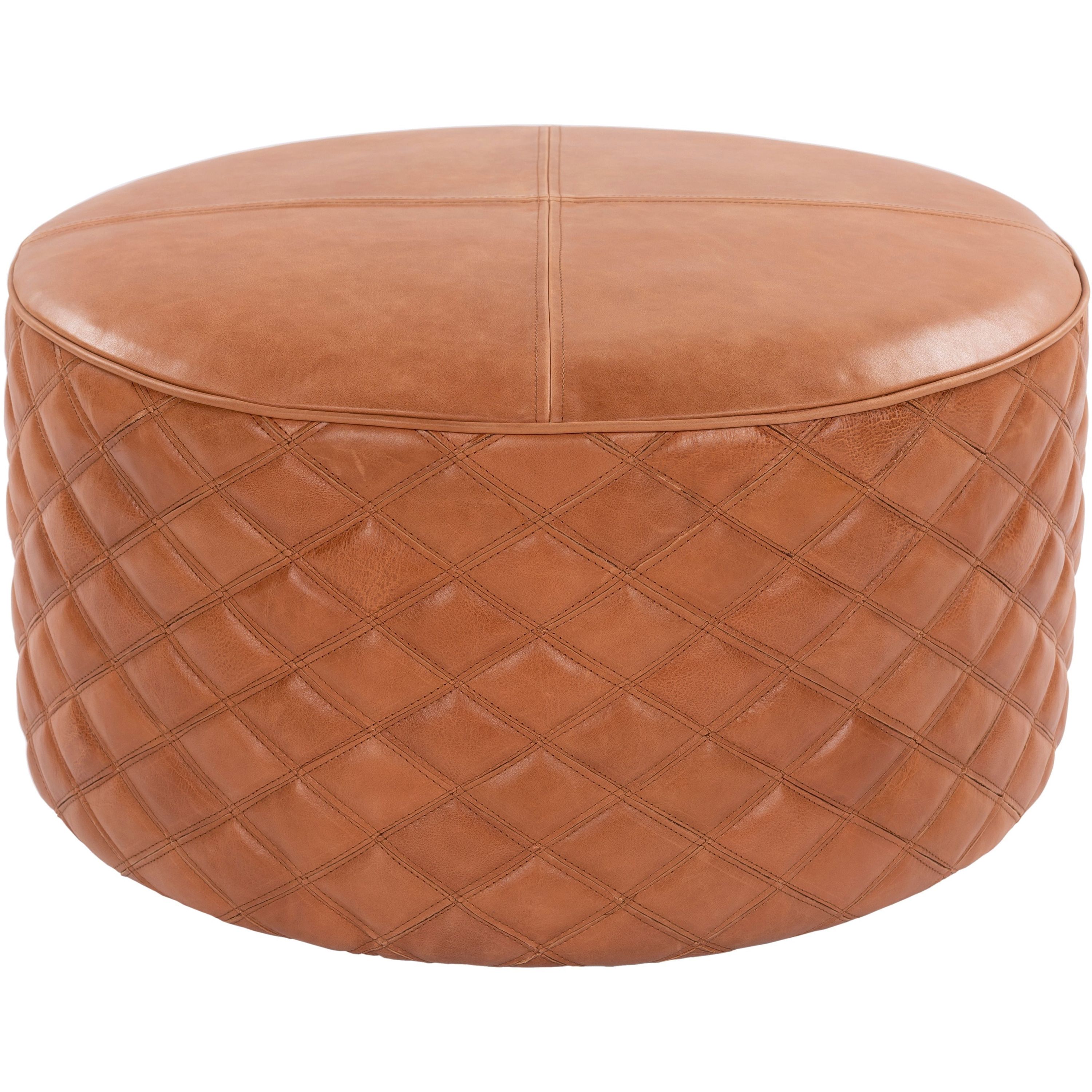 Surya Lance Modern Rustic Brown Quilted Leather Round Ottoman LEPF-001 - Image 2