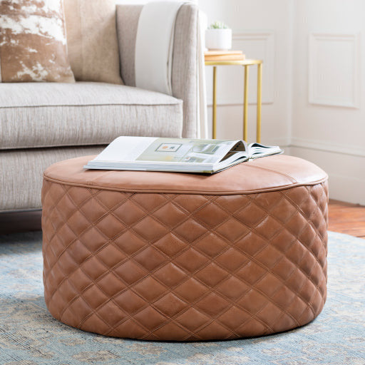 Surya Lance Modern Rustic Brown Quilted Leather Round Ottoman LEPF-001 - Image 1