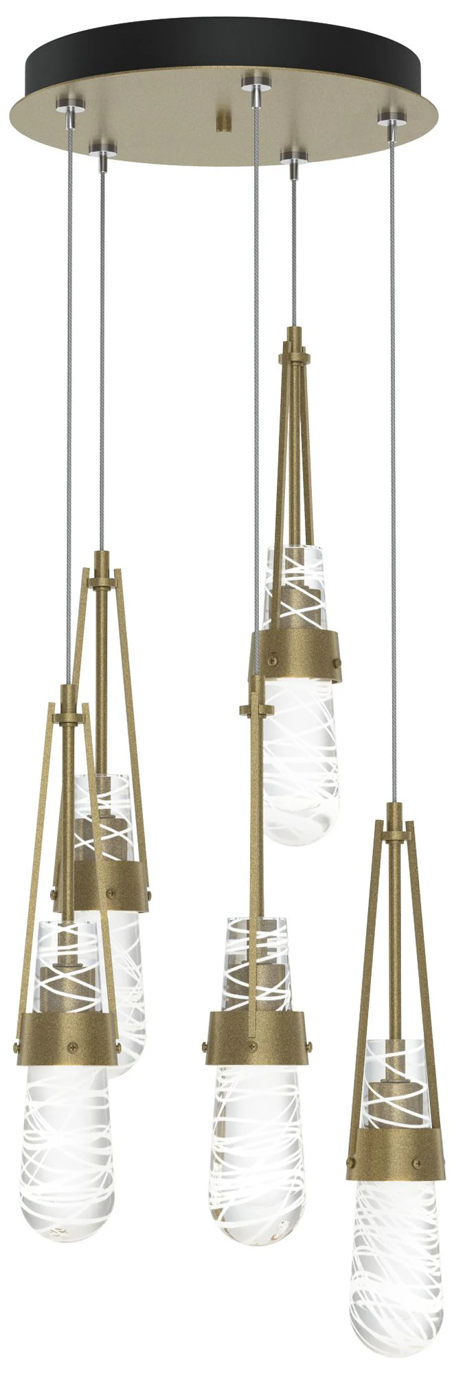 Link 13"W 5-Light Gold Long Pendant w/ Clear White Threaded Glass Shad - Image 1