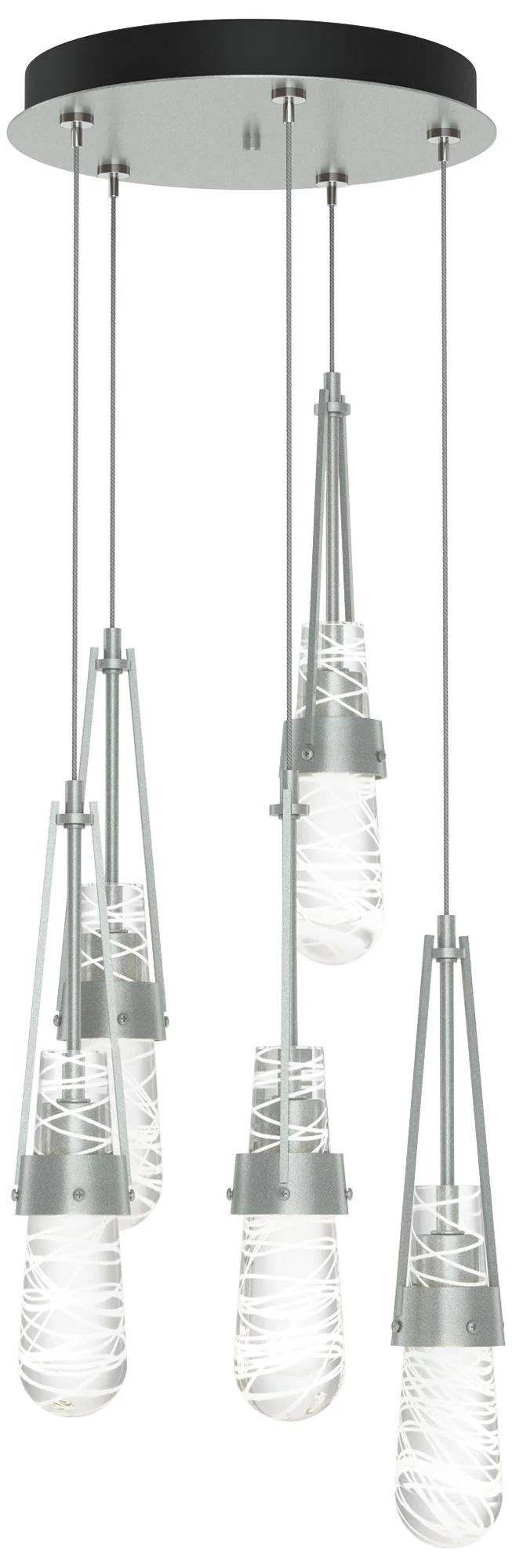 Link 13"W 5-Light Platinum Long Pendant w/ Clear White Threaded Glass - Image 1
