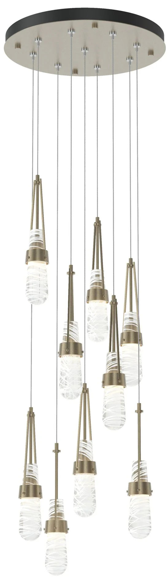 Link 20.5" 9-Light Round Gold Long Pendant w/ Clear Glass & White - Image 1