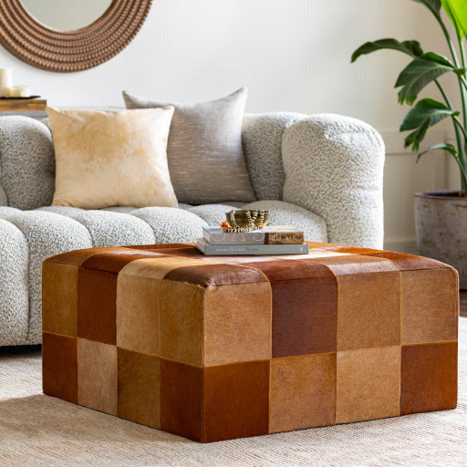 Surya Laredo Modern Rustic Hair On Hide Brown Patchwork Leather Ottoman LRO-002 - Image 1