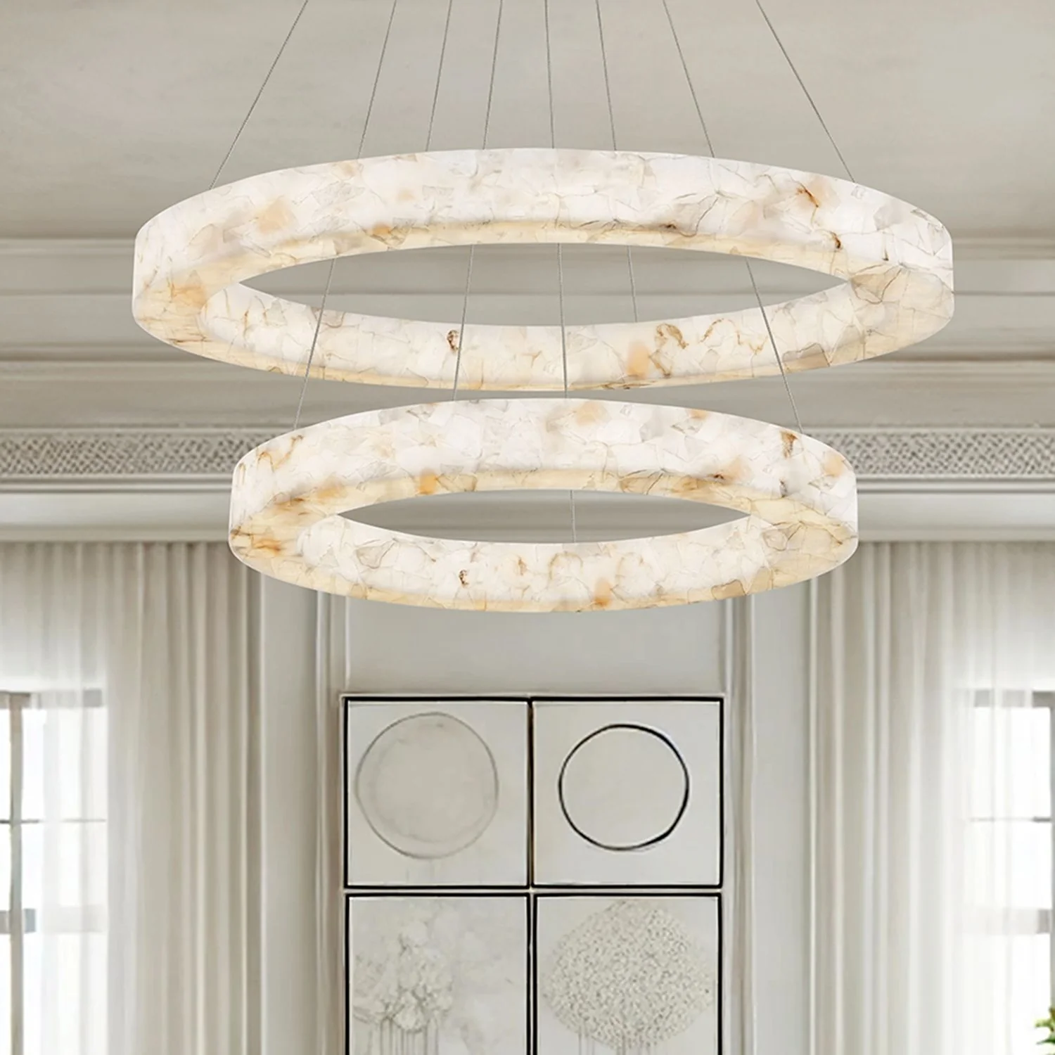 LumenAria Medley 42" Wide 2-Tier Alabaster Rocks LED Ring Pendant - Image 1