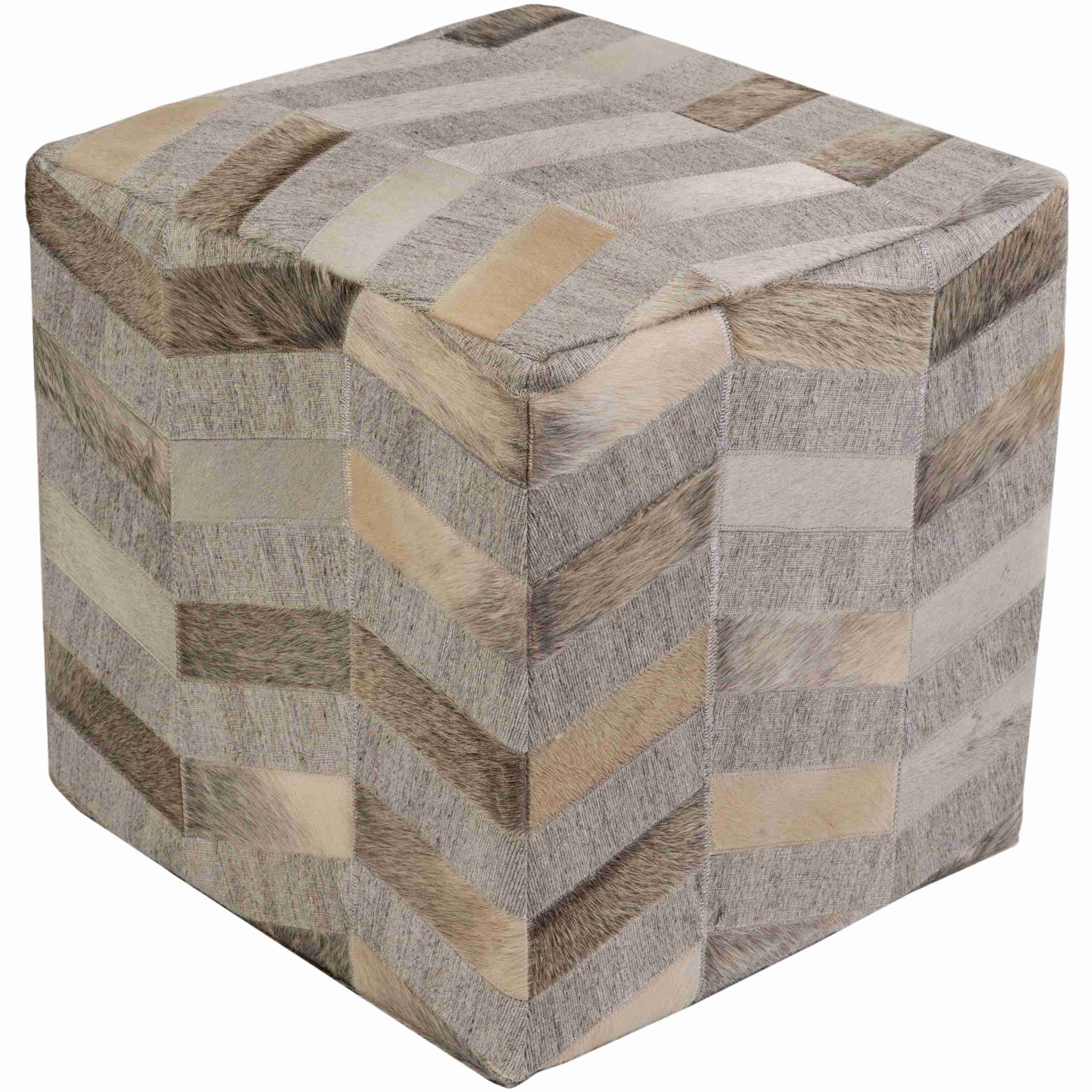 Surya Medora Modern Rustic Hair On Hide Charcoal, Gray & Beige Patchwork Ottoman MDPF-001 - Image 2