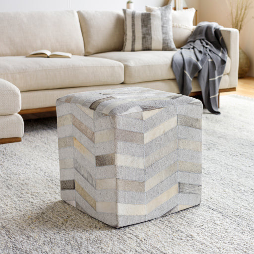 Surya Medora Modern Rustic Hair On Hide Charcoal, Gray & Beige Patchwork Ottoman MDPF-001