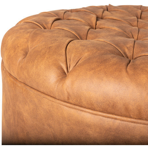 Surya Newberg Modern Rustic Faux Brown Leather Round Tufted Ottoman MEF-001 - Image 2