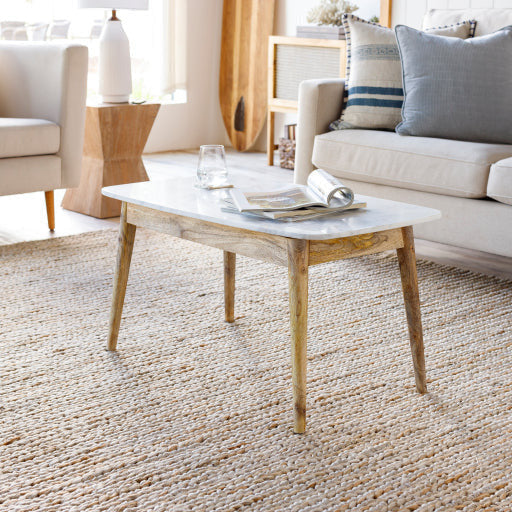 Surya Makrana Modern White Marble Top With Wood Base Coffee Table MKR-002 - Image 1
