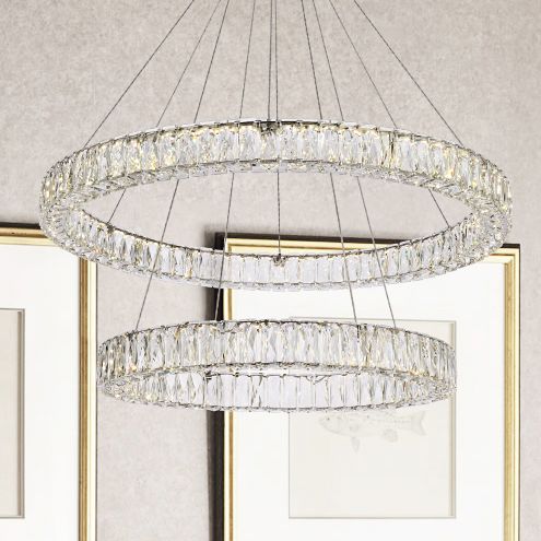Monroe 36" Wide Chrome Crystal 2-Ring LED Pendant Light - Image 1