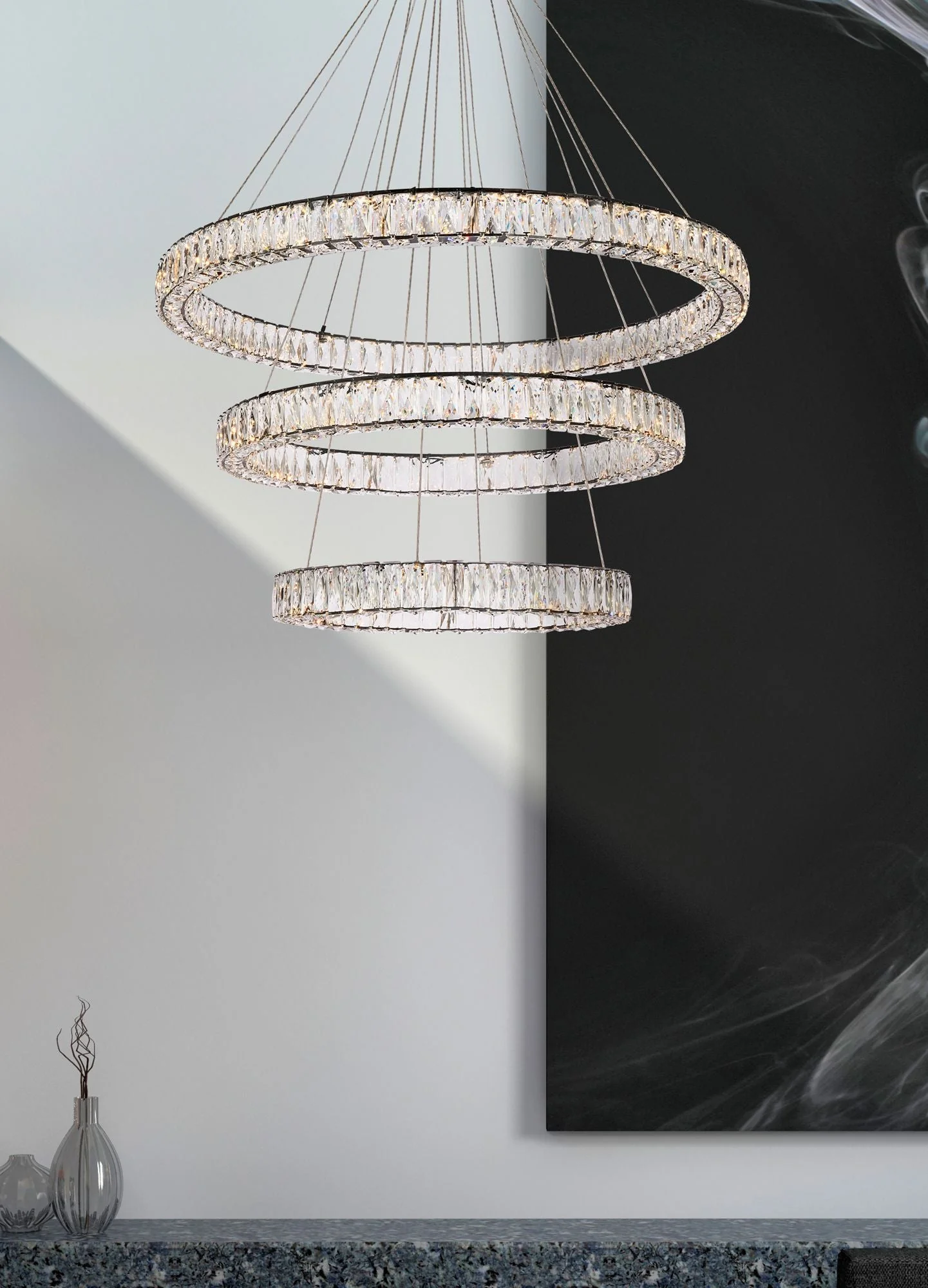 Monroe 40 1/2"W Black and Crystal Triple Ring LED Chandelier - Image 3