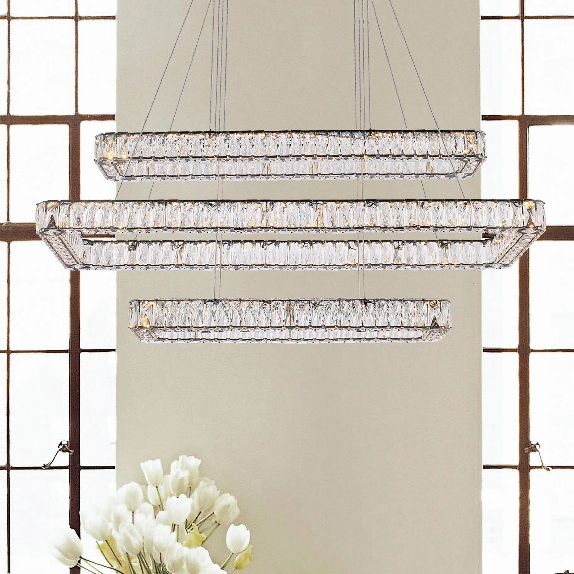 Monroe 50" Wide Black Crystal 3-Tier LED Pendant Light - Image 1