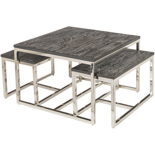 Surya Morwell Modern Black Top With Metallic Silver Stainless Steel Base Nesting Accent Side Tables MOW-001 - Image 1