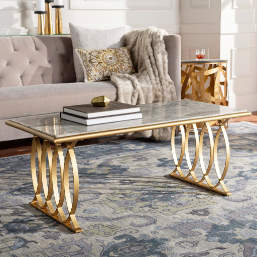 Surya Nishka Modern White Marble Top With Gold Metal Base Rectangular Coffee Table NHA-100
