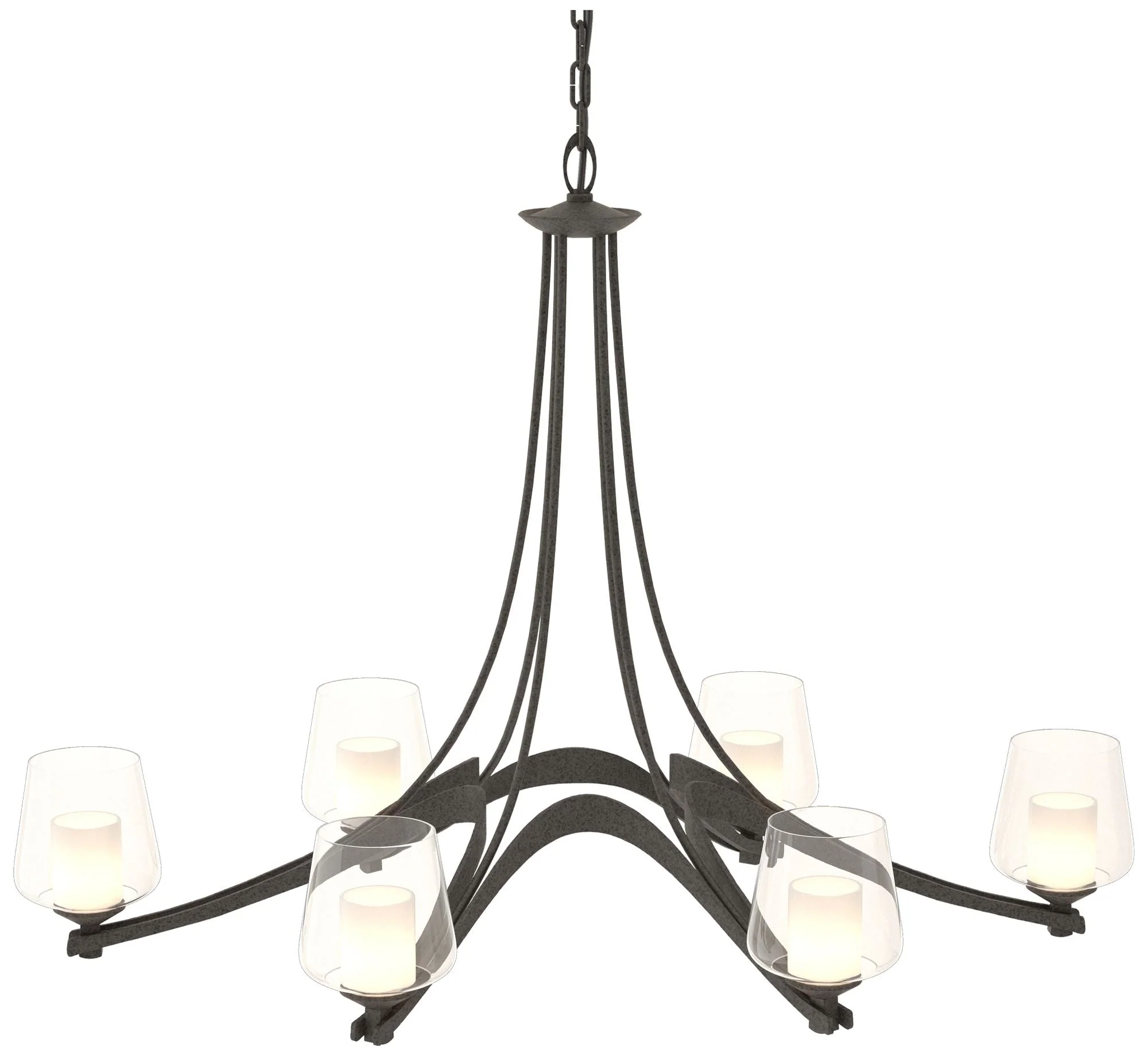 Oval Ribbon 38.5″W 6 Arm Natural Iron Chandelier With Opal and Clear G
