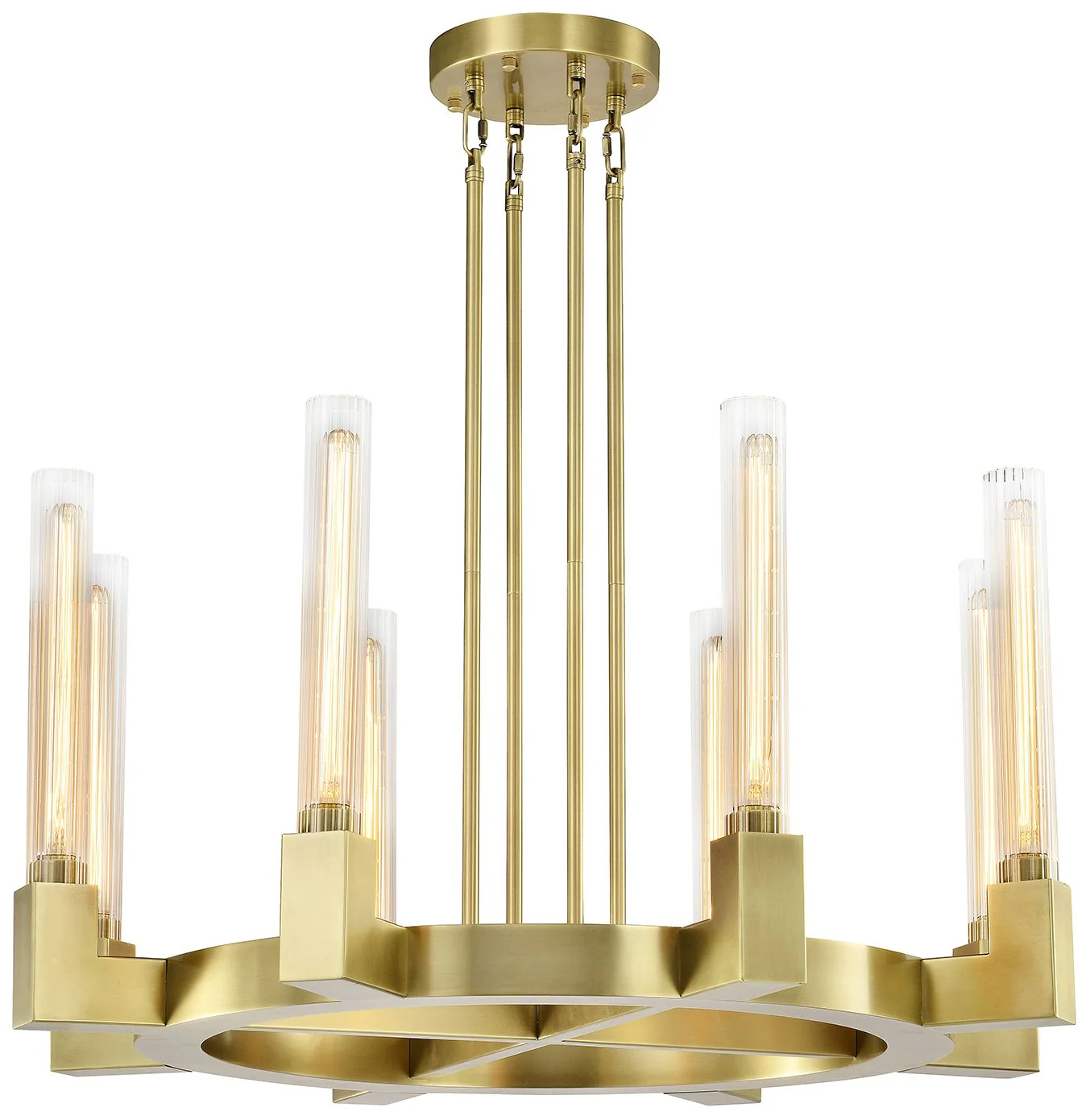 Placid 8-Light 32 Inch Aged Brass Wheel Styled Glass Chandelier - Image 1