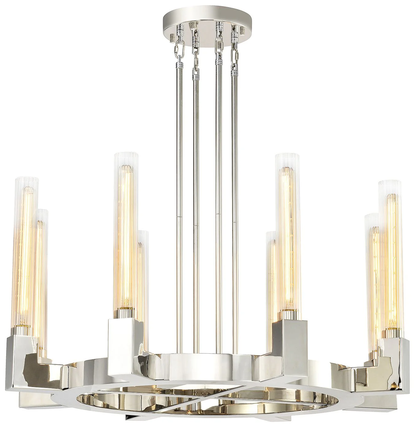 Placid 8-Light 32 Inch Polished Nickel Wheel Styled Glass Chandelier - Image 1