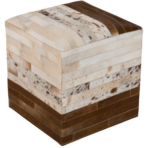Surya Appalachian Modern Rustic Hair On Hide Ivory, Gray & Brown Patched Leather Pouf Ottoman POUF-243 - Image 2