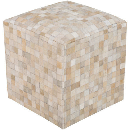 Surya Appalachian Modern Rustic Hair On Hide Ivory, Brown & Light Beige Patched Leather Pouf Ottoman POUF-239