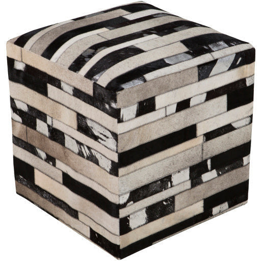 Surya Appalachian Modern Rustic Hair On Hide Ivory, Dark Brown & Black Patched Leather Pouf Ottoman POUF-240 - Image 2