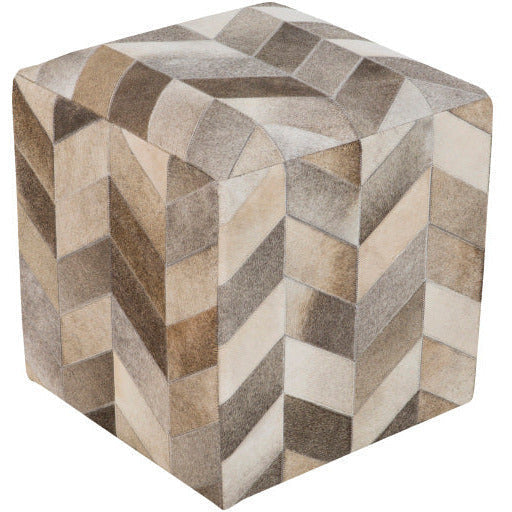 Surya Appalachian Modern Rustic Hair On Hide Ivory, Brown & Gray Patched Leather Pouf Ottoman POUF-242 - Image 2