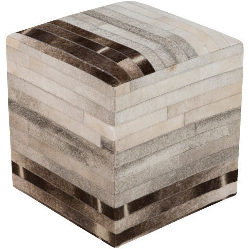 Surya Appalachian Modern Rustic Hair On Hide Ivory, Gray & Brown Patched Leather Pouf Ottoman POUF-243 - Image 3