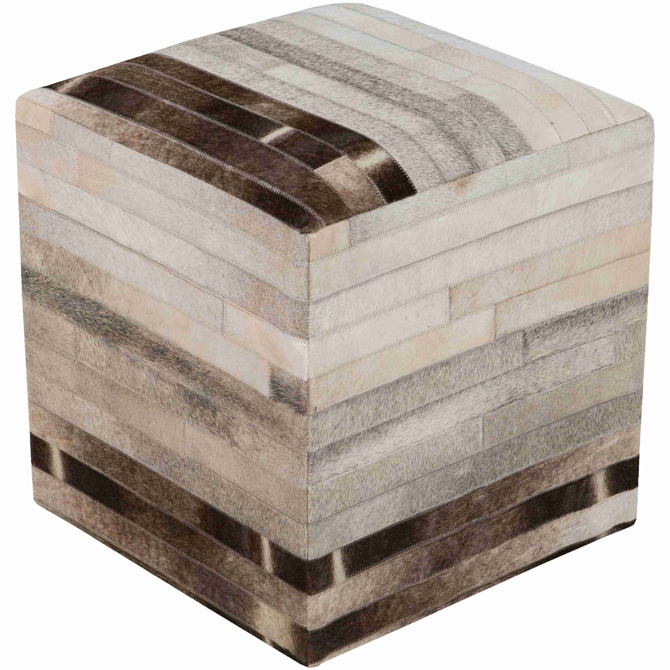 Surya Appalachian Modern Rustic Hair On Hide Ivory, Gray & Brown Patched Leather Pouf Ottoman POUF-243