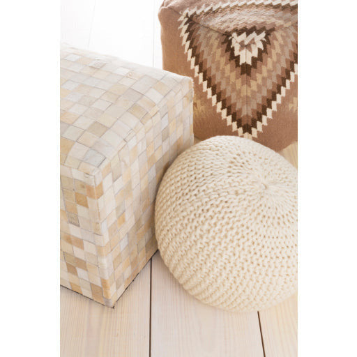 Surya Appalachian Modern Rustic Hair On Hide Ivory, Brown & Light Beige Patched Leather Pouf Ottoman POUF-239 - Image 2