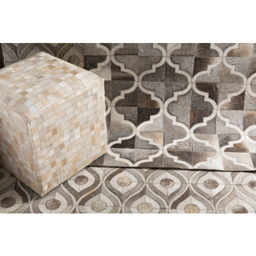 Surya Appalachian Modern Rustic Hair On Hide Ivory, Brown & Light Beige Patched Leather Pouf Ottoman POUF-239 - Image 3