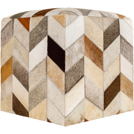 Surya Appalachian Modern Rustic Hair On Hide Ivory, Brown & Gray Patched Leather Pouf Ottoman POUF-242 - Image 3