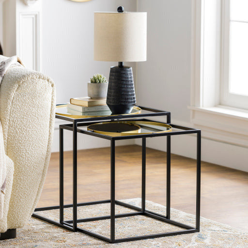 Surya Sephora Modern Mirror Top Metallic Black Metal Base Set of 2 Nesting Accent Side Tables RSH-001 - Image 2