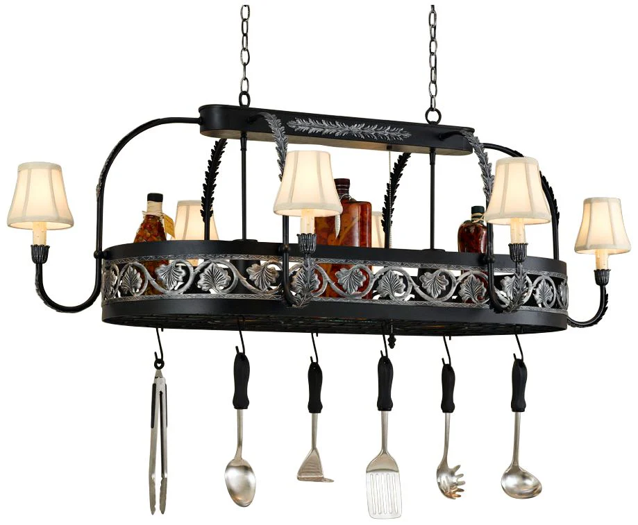 Sandra Lee Leaf 58"W Black Leather Pot Rack Chandelier - Image 1