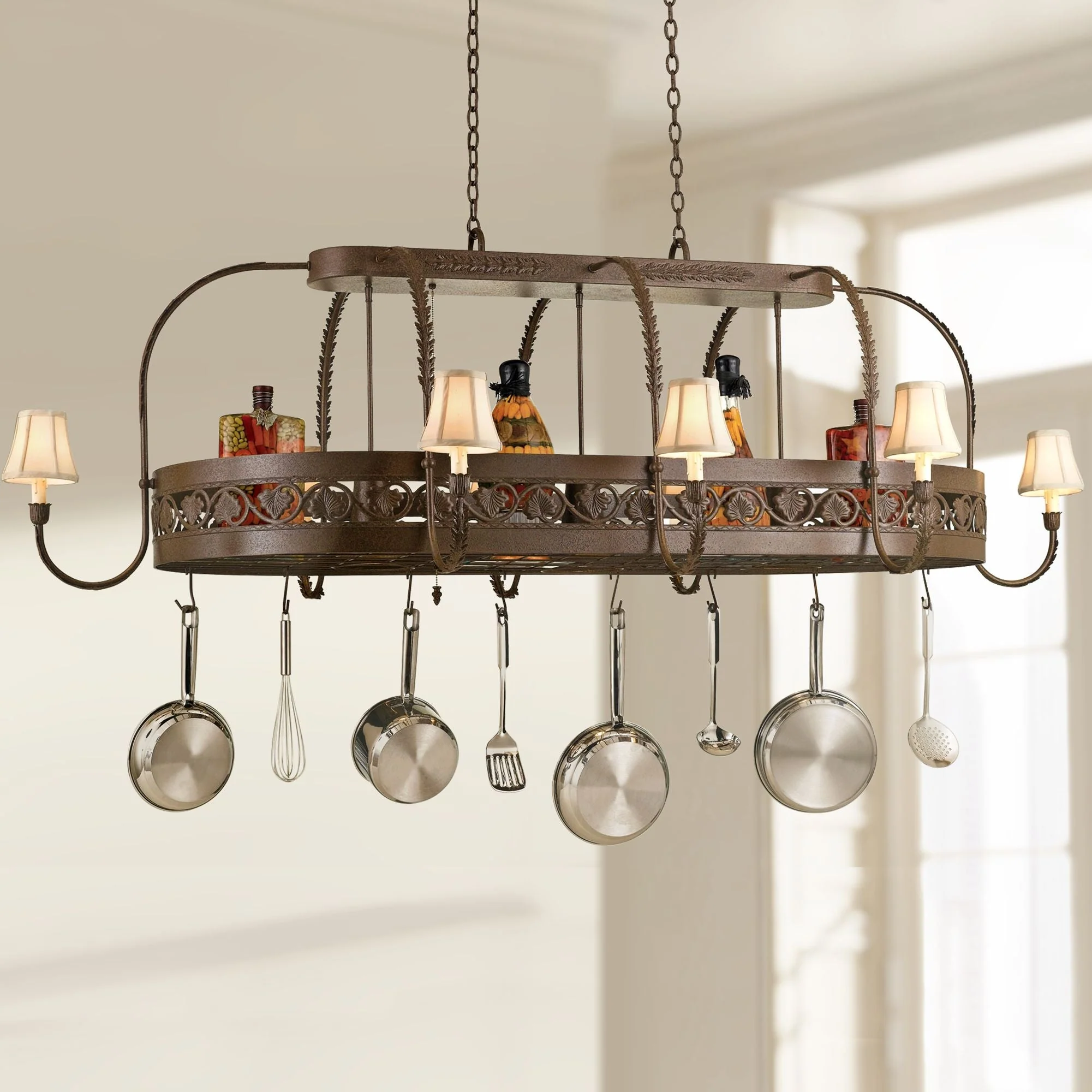 Sandra Lee Leaf 86" Wide 11-Light Tuscany Kitchen Pot Rack Chandelier - Image 1
