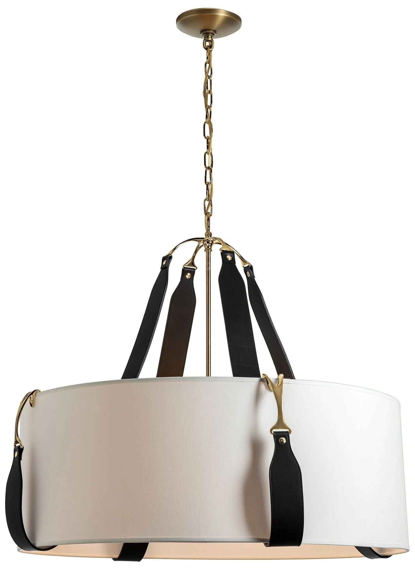 Saratoga 31.9"W Large Black Leather Accented Antique Brass Pendant - Image 1