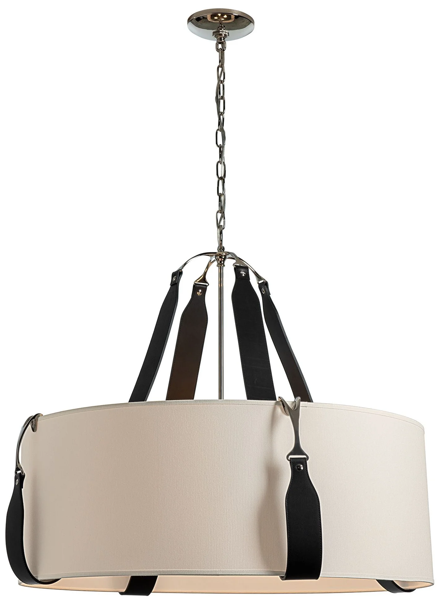 Saratoga 31.9"W Large Black Leather Accented Polished Nickel Pendant - Image 1